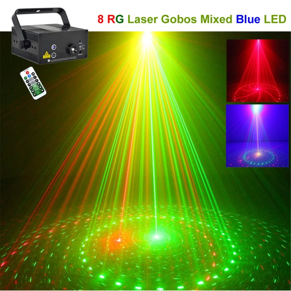 

Mini Remote 8 Big Patterns Red Green Laser Projector Lights 3W Blue LED DJ Party Show Wedding Stage Lighting Equipment 08RG