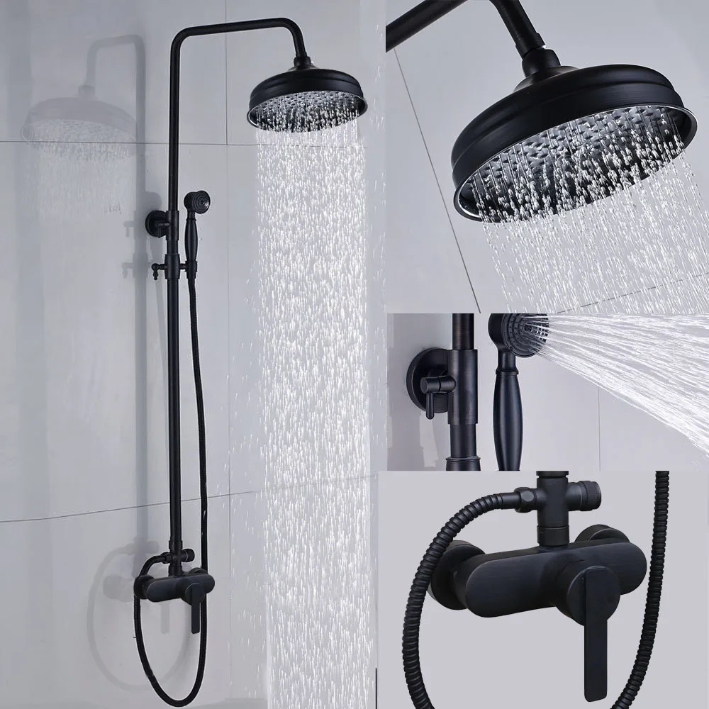 Wall Mount Bathroom Black Rain Brass Shower Head Faucet Hand Spray Mixer Tap Set 