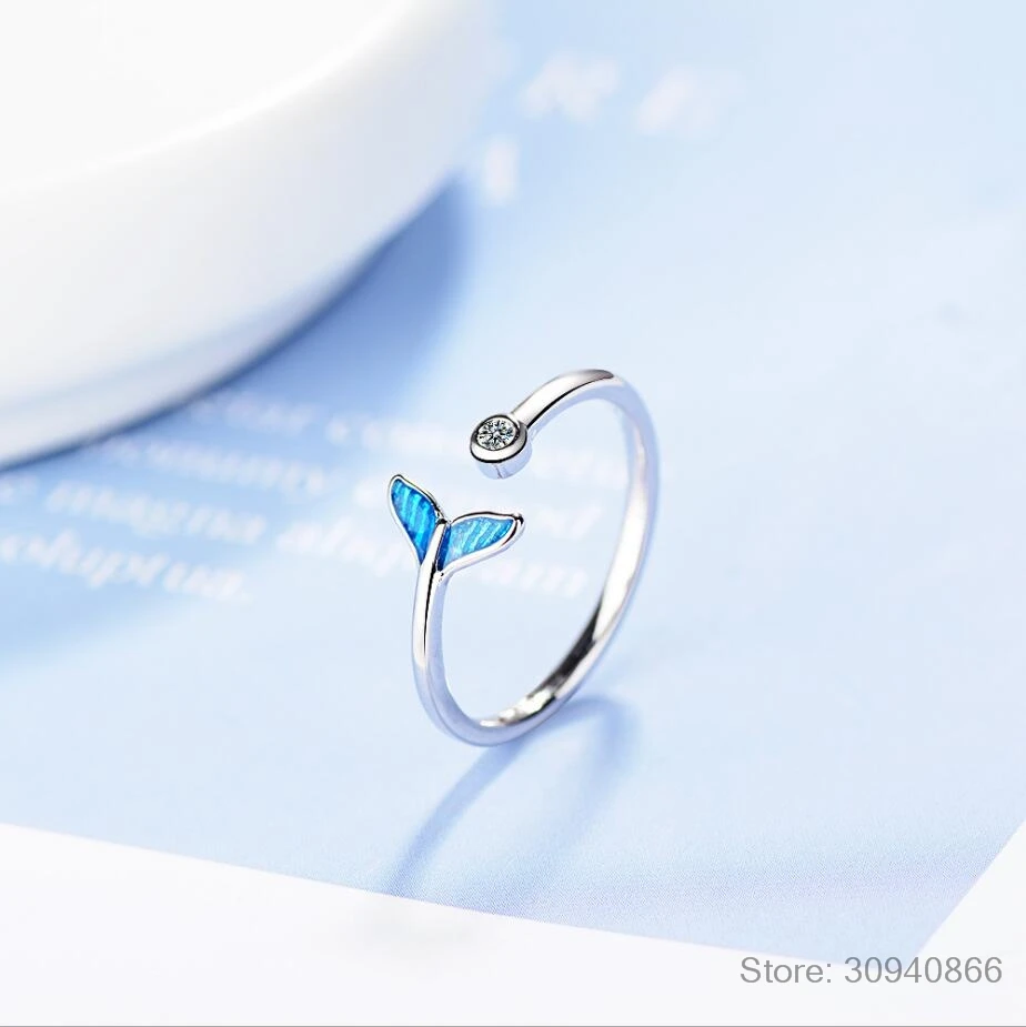 

New Arrival Personality Beautiful 925 Sterling Silver Fine Jewelry Fishtail Fish Wave Crystal Opening Rings SR74