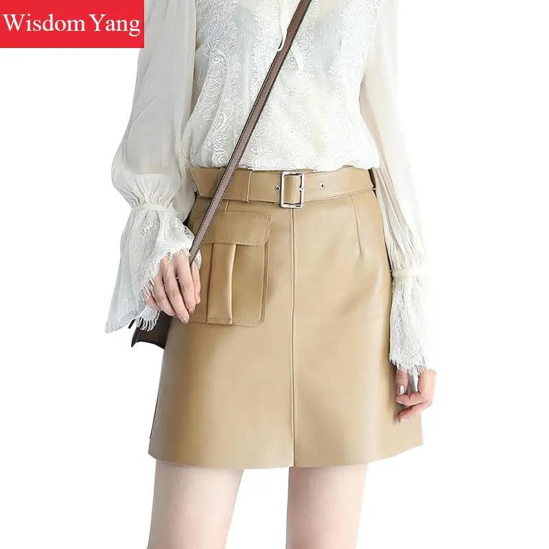 

Black Wine Red Khaki Real Genuine Leather Skirt High Waisted Mini Skirts Sashes Women Bodycon 2018 Party Ladies Streetwear Aline
