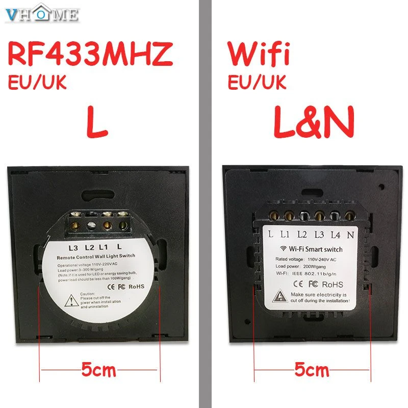 Настенный сенсорный выключатель Vhome, RF433mhz панель сенсорного переключателя для умного дома, EV1527 стандарт ЕС/Великобритания Wifi управление Ewelink приложение, умный дом