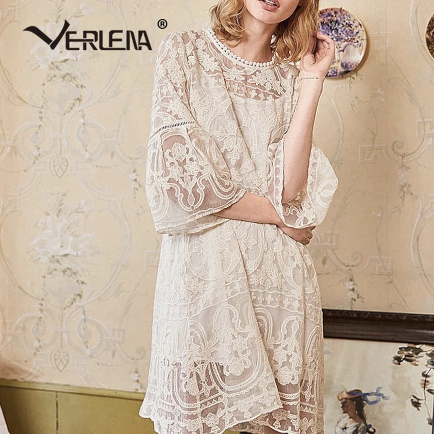 

Verlena Solid Vintage Embroidery Silk Summer Dress Women Half Sleeve Loose Oversized Straight Dress Sweet Lined Dresses 2019 New