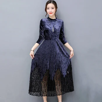 

2018 New Autumn Winter Women Pleated Slim Dresses Female Long Sleeve Corduroy Long Dress Ladies Plus Size Lace Party Dress F480