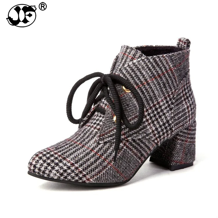 

Lace-Up Women Boots Fashion Plaid Pointed Toe High Heels Women's Shoes Sexy Autumn Winter Ankle Boots Women jkm9