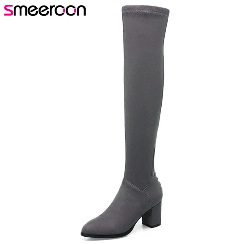 

Smeeroon new fashion autumn winter boots flock over the knee boots zip high heels pointed toe women boots big size 34-43