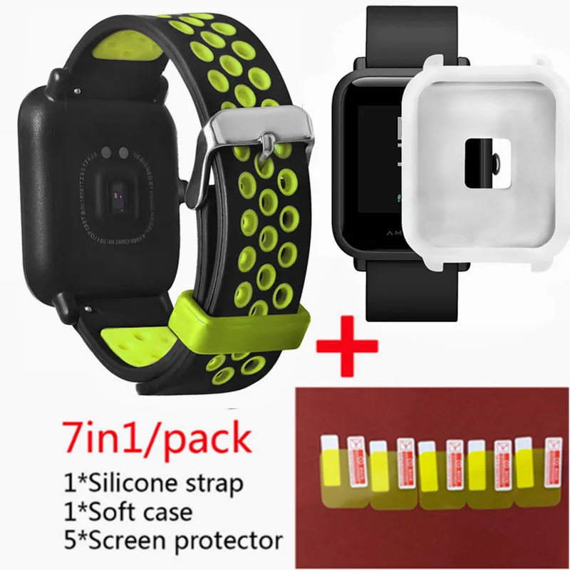 Для Xiaomi Huami Amazfit Bip Lightwei ремешок rhythm Lite young умные часы my braceket fit+ силиконовые полосы+ мягкий чехол+ 5 экранная пленка - Цвет: green 3