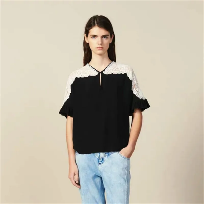 

2019 summer new hollow out lace stitching ruffle sleeves shirt two-colors