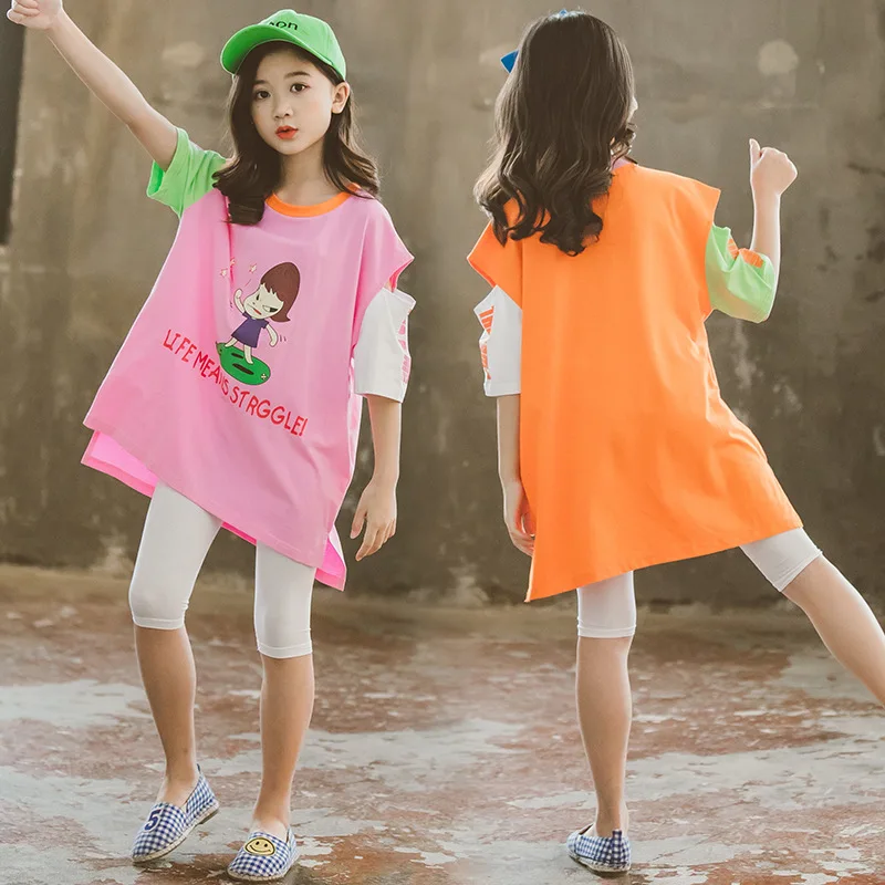 

Girls Shirts Open Shoulder Strap Children Korean Short-sleeve Cute T Shirt Fashion Teenage Mini Dress for Girls 10 8 12 6 years