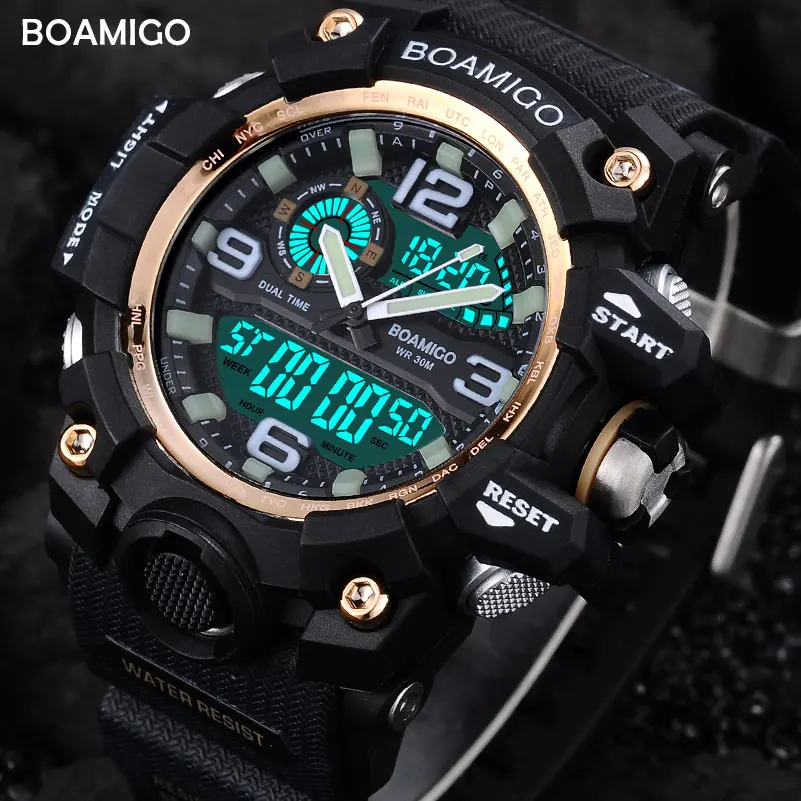 Prix pour Hommes sport montres double affichage numérique LED montre de mode quartz montre BOAMIGO marque montre-bracelet en caoutchouc cadeau étanche horloge Prix pour Hommes sport montres double affichage numérique LED montre de mode quartz montre BOAMIGO marque montre-bracelet en caoutchouc cadeau étanche horloge