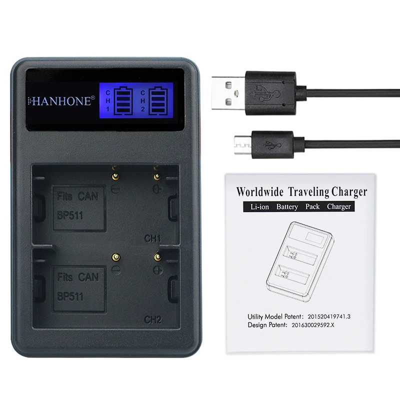 BP-511 BP-511A Зарядное устройство 2 слота ЖК-дисплей USB Dual Зарядное устройство для CANON ZR45MC ZR50MC ZR60 ZR70MC D30 D60 300D Батарея