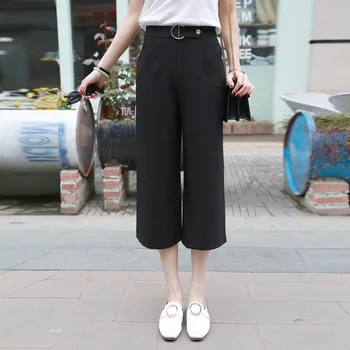 

Nonis women summer casual mid waist ankle length wide leg pants female summer loose solid black trousers plus size s-4xl