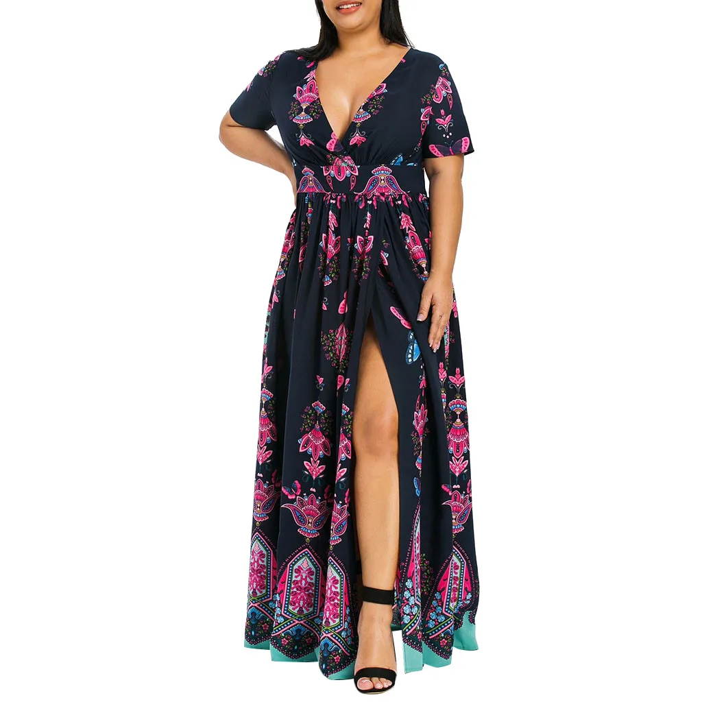 

Women Summer Floral Print Long Maxi Dress Women Butterfly Printed V-Neck Short Sleeve Casual Long Dress Vestidos Plus Size