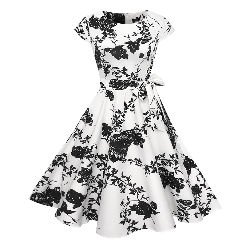 Summer Dress 2018 Women Casual O-Neck Vintage White Black Floral Bow Dresses 50s 60s Retro Rockabilly Party Plus Size Vestidos