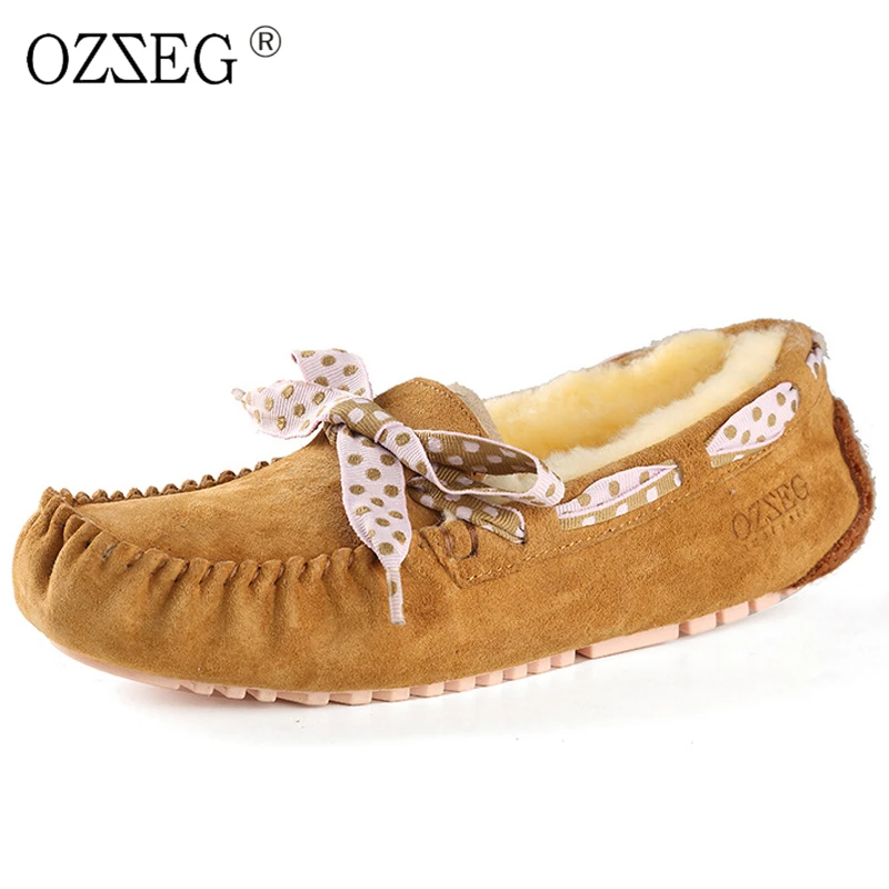 

2017 Comfortable luxury designer brand winter Female warm with lined real wool fur Moccasins Flat bow shoe women Loafers Knot up