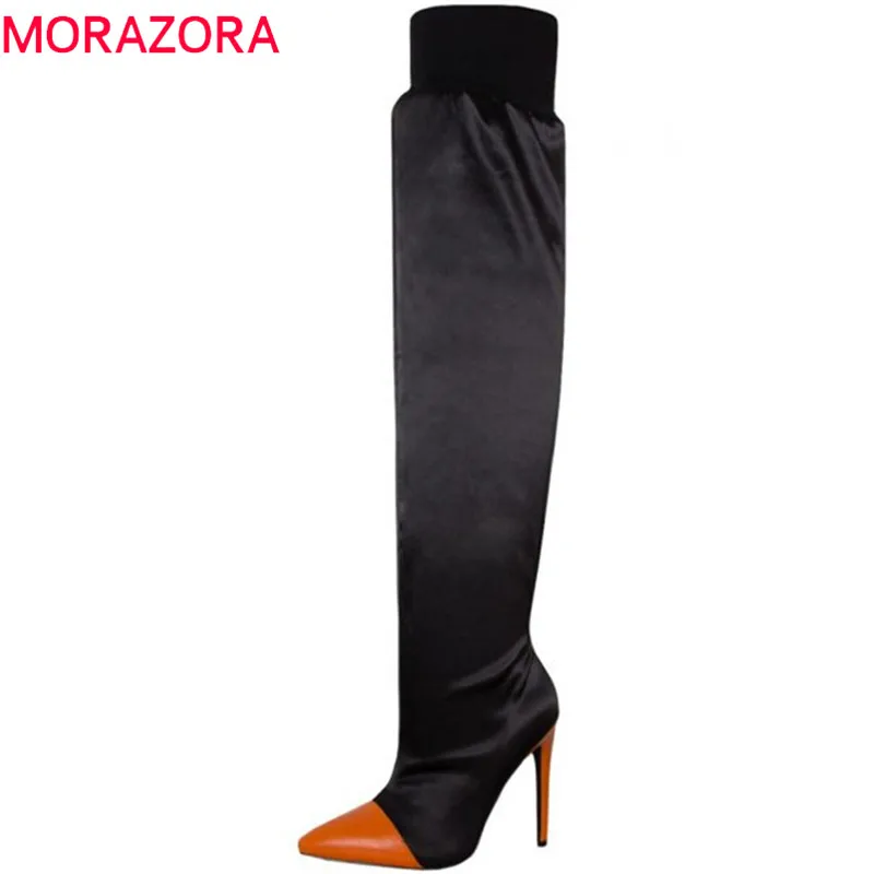 Beste MORAZORA 2019 nieuwe collectie over de knie laarzen vrouwen gemengde kleuren sexy stiletto hakken schoenen dames stretch Sokken laarzen zwart