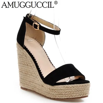 

2020 New Black Green Rose-red Buckle Fashion High Heel Platform Party Wedding Females Ladies Wedges Women Summer Sandals L1152