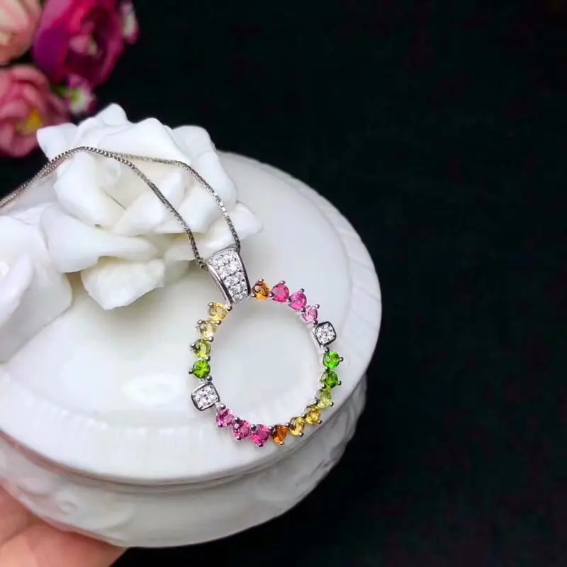  Collier pendentif en tourmaline multicolore naturel circulaire S925 argent collier de pierres préci