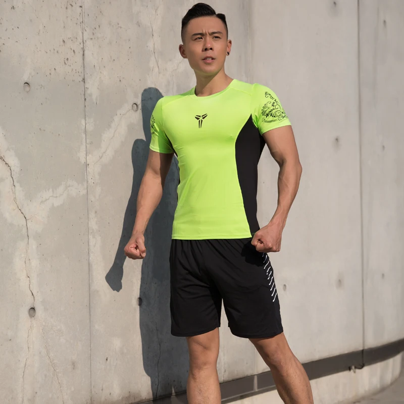 2 шт. сжатия быстросохнущая облегающий спортивный костюм для мужчин футболка с короткими рукавами для фитнеса зеленый черный рубашка брюки