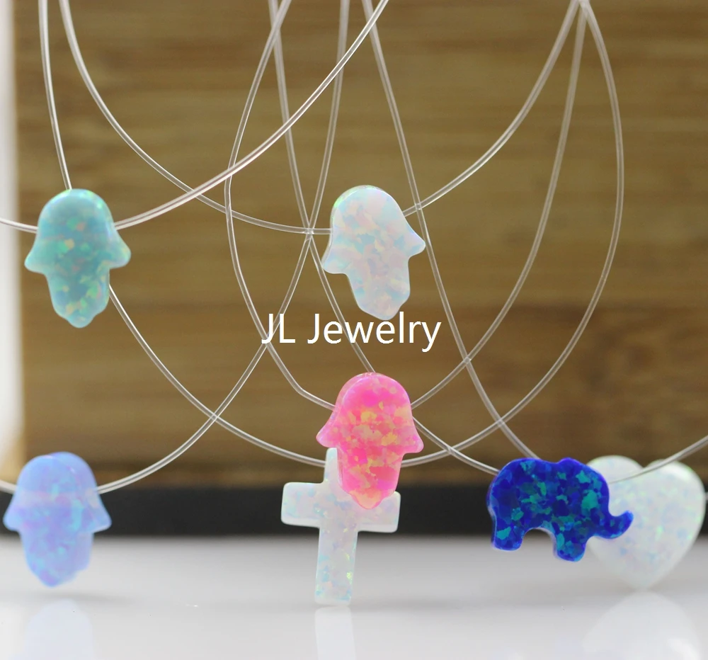 

Transparent Opal Pendant Necklace With Opal Mini Hamsa/Heart/Cross/Elephant Nylon Invisible Line With 925 Sterling Silver Clasp
