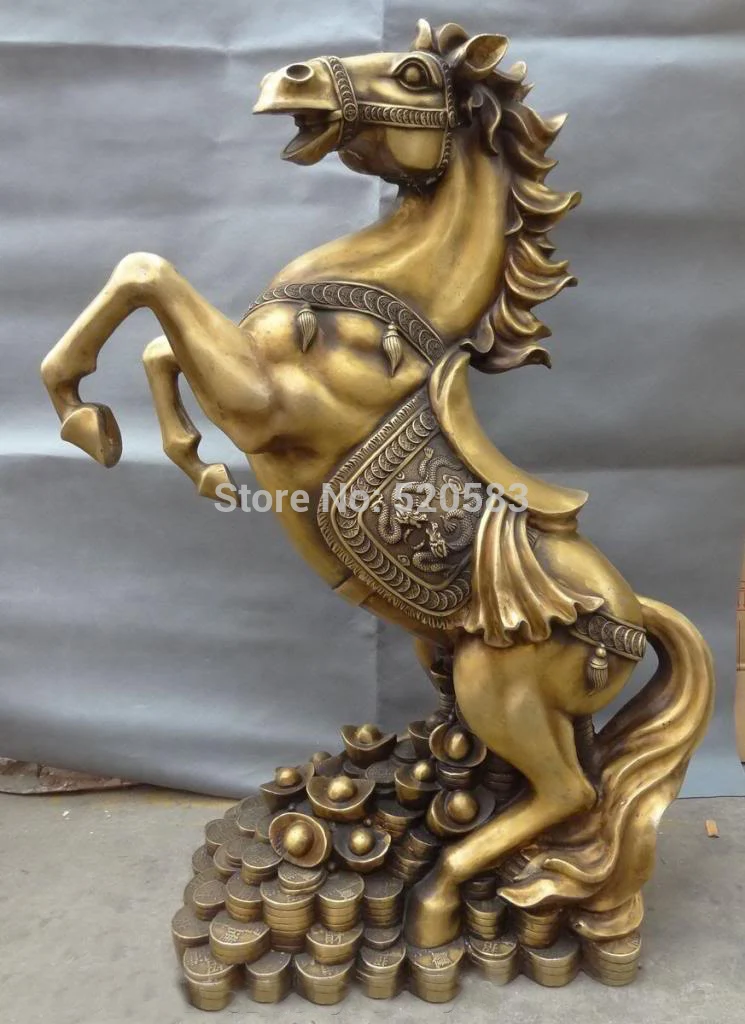 

free 34" H Chinese Bronze YuanBao Coin Dragon Up Horse Statue fast