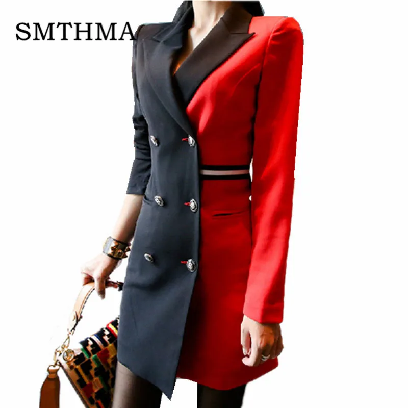 

SMTHMA HIGH QUALITY New Fashion 2019 Runway Designer Dress Women's Long Sleeve Double Breasted Notched Collar Patchwork Dress