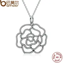 Bamoer 925 shimmering rose colgante, collar de Clear CZ Collares Colares Joyería Fina PSN004