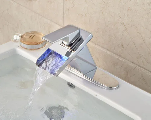 

Contemporary LED Bathroom Waterfall Spout Bathroom Sink Faucet Single Handle Mixer Tap Chrome Finish with Cover Plate