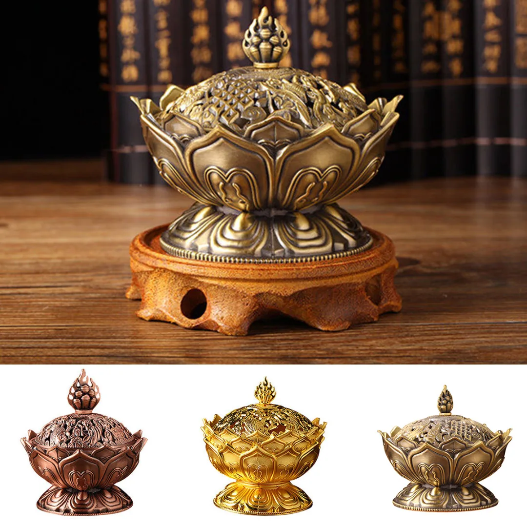 JX-LCLYL Alloy Chinese Lotus Hollow Cover Incense Burner Aromatherapy Censer Cone Holder