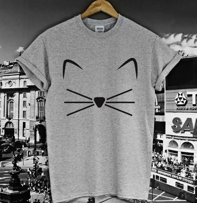 

Cat Face beard Print Women T shirt Cotton Casual Funny Shirt For Lady Gray White Top Tee Hipster Z-232