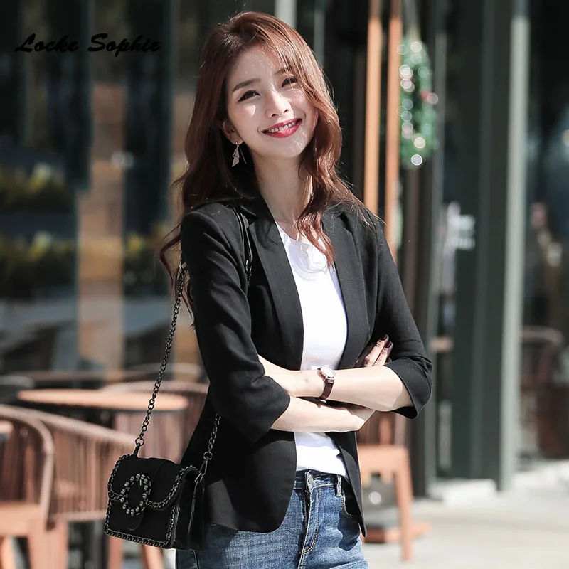 1pcs Women's Plus size Slim fit Blazers coats 2019 Summer cotton Middle sleeve Small Suits jackets ladies Skinny Blazers Suits