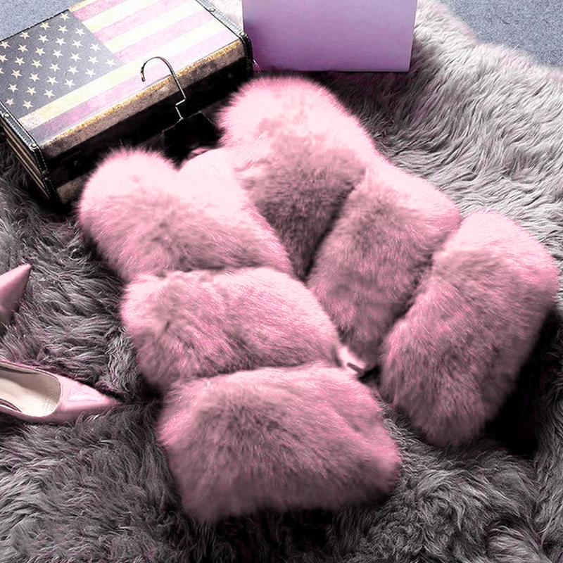Пушистая Меховая куртка, пальто для женщин, зимняя теплая верхняя одежда, пальто, парка, жилет, без рукавов, Короткая Меховая жилетка, куртка размера плюс - Цвет: Розовый