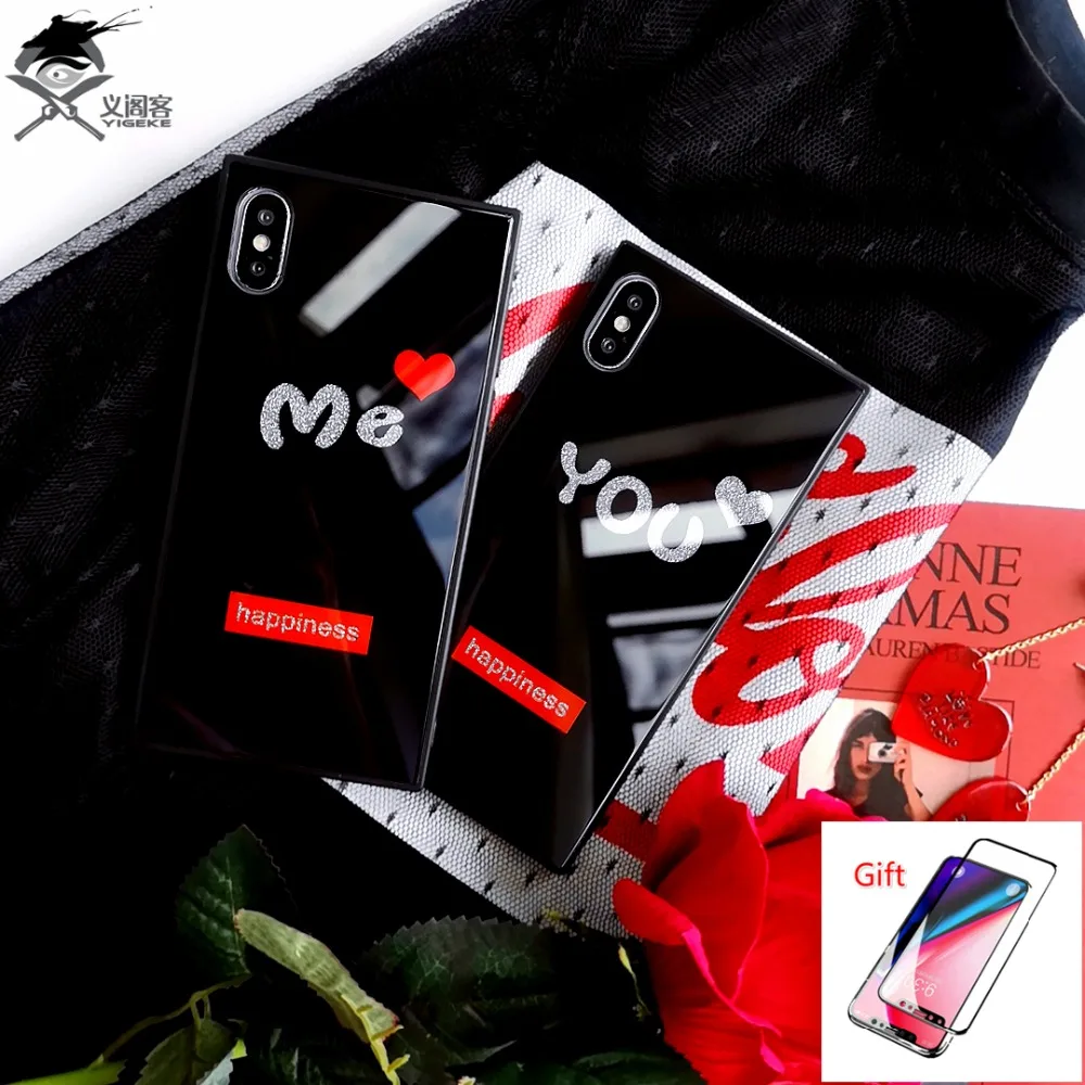 YIGEK телефон чехлы для Iphone 7. Роскошный блеск ты и я квадратный Стекло чехол
