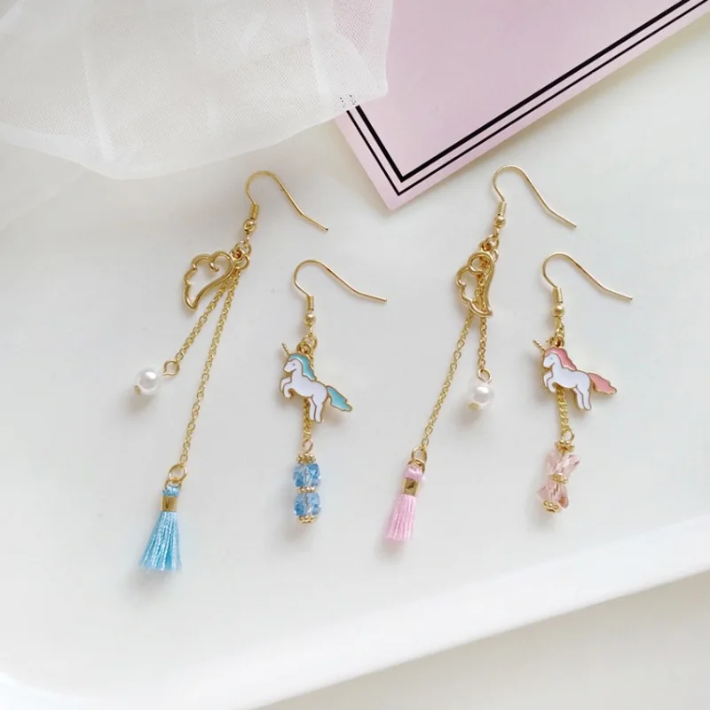 

XEDZ Creative Korean Personality Unicorn Asymmetric Wings Long Section Earrings Wild Pearl Fashion Tassel Ear Clip Jewelry