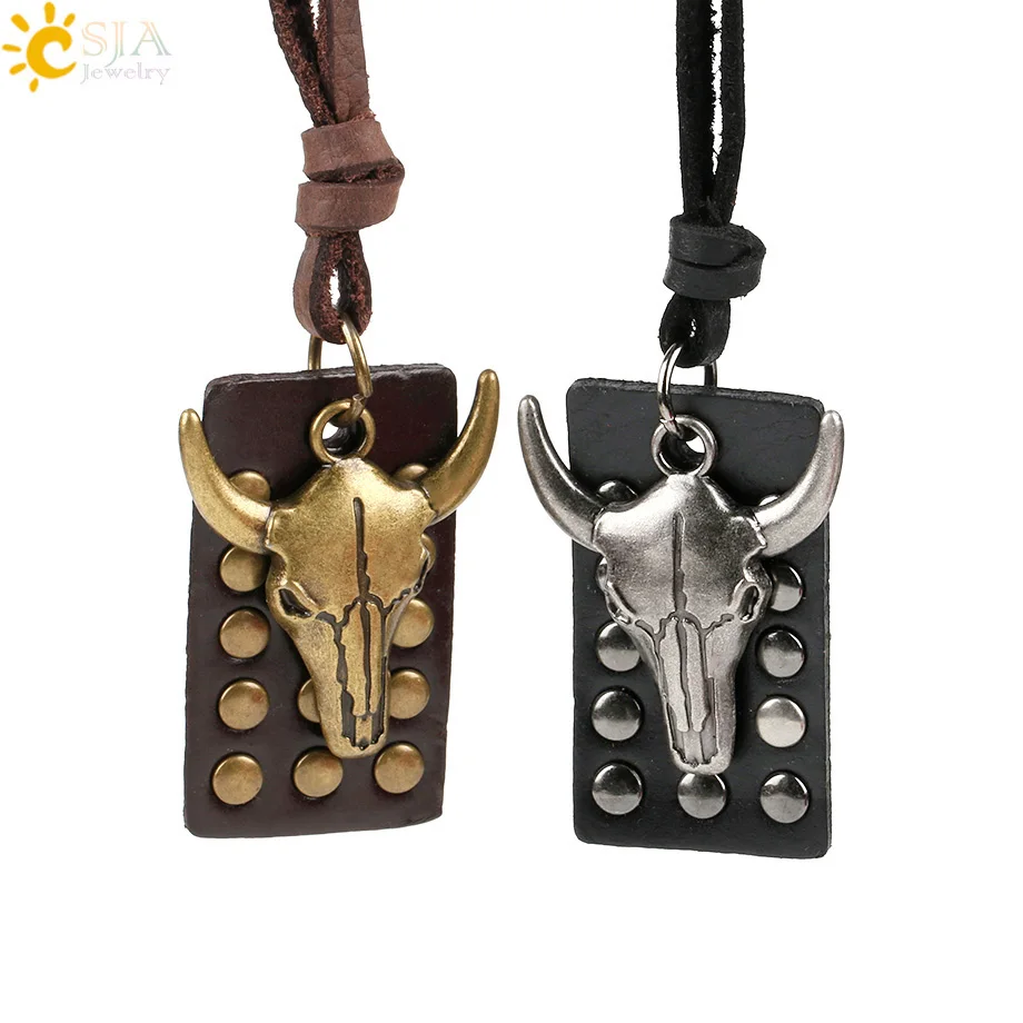 

CSJA Bull Cow Head Pendant Rope Leather Necklace Men Street Style Riviet Tags Jewelry Fashion Antique Bronze Color Charms P016
