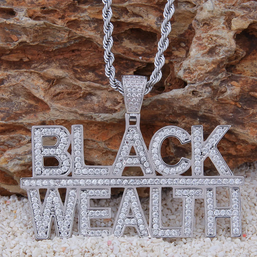 

Iced Out Bling Rapper Black Wealth Letter Pendant CZ Chain Hip Hop Jewelry Necklace