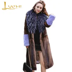 LVCHI зима 2019 импорт Корона Бархат реального норки пальто Для женщин натуральный мех пальто с лисой меховой воротник с длинными рукавами