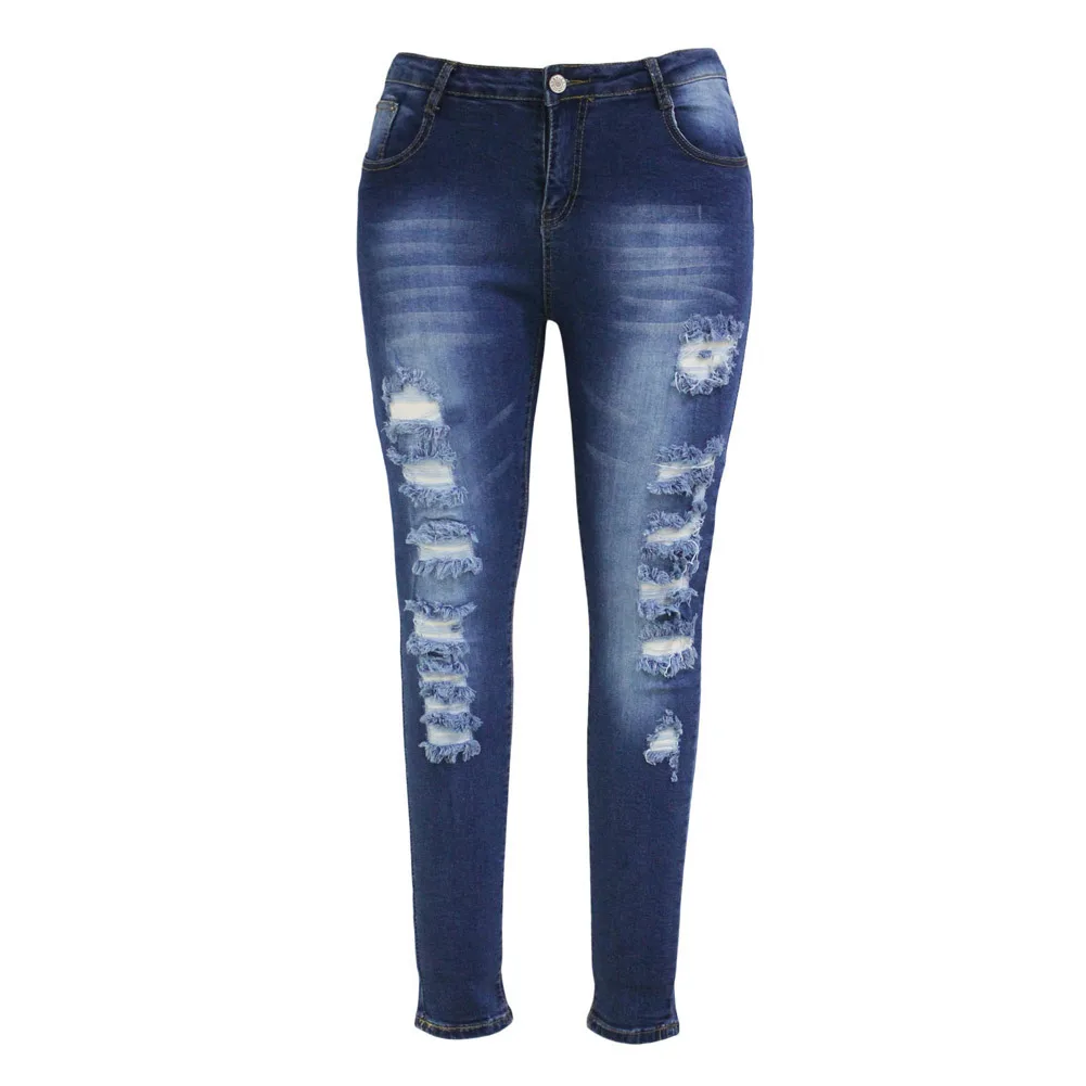 Модные джинсовые брюки с дырками, тонкие женские повседневные однотонные джинсы с высокой талией, обтягивающие узкие брюки