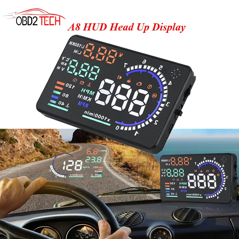 

5.5" GPS speedometer A8 HUD Head Up Display LED Windscreen Projector OBD2 Scanner Speed Warning Fuel Consumption Data