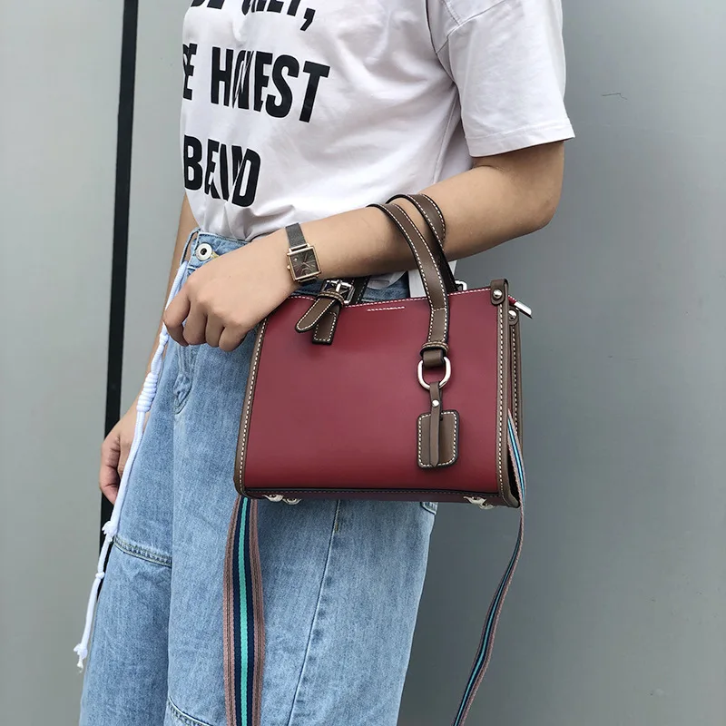 Color Blocking Daily Purse OL Business Tote Bag Genuine Leather Women's Shoulder Bag Small Top-handle Handbag