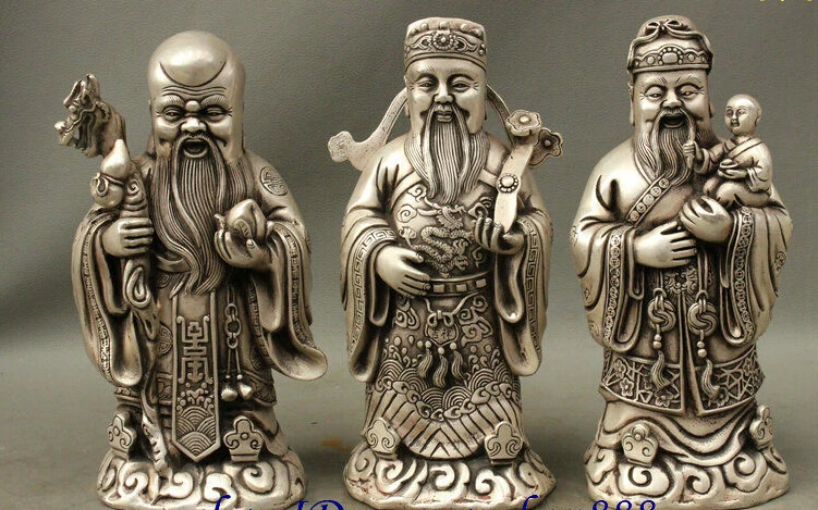 

10" Classic Chinese Silver Wealth Dragon 3 Longevity God Fu Lu Shou Life Statue