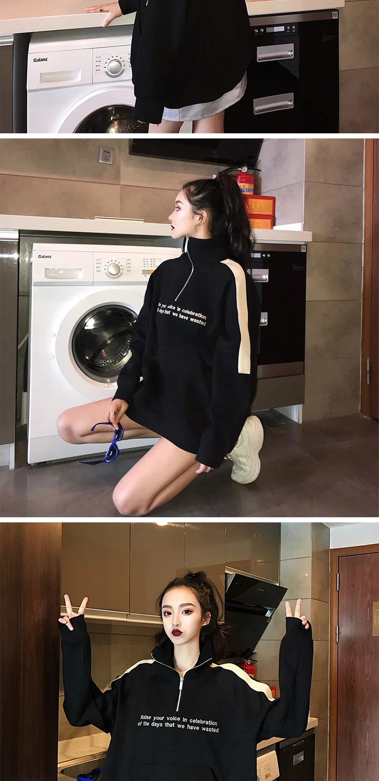 Женские толстовки с отложным воротником на молнии с буквенным принтом, свободные свитера Ulzzang, женские модные пуловеры в стиле хип-хоп BF для отдыха