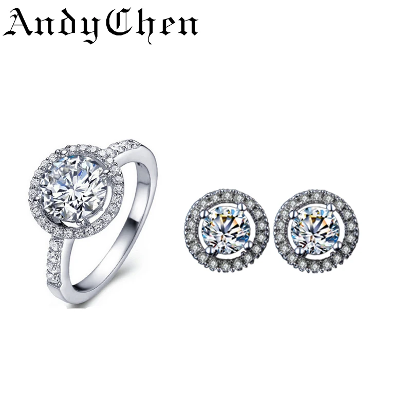 AndyChen Round Earrings & Wedding Ring Bridal Jewelry Sets for Women Crystal Silver Plated Bijoux Femme AJS011