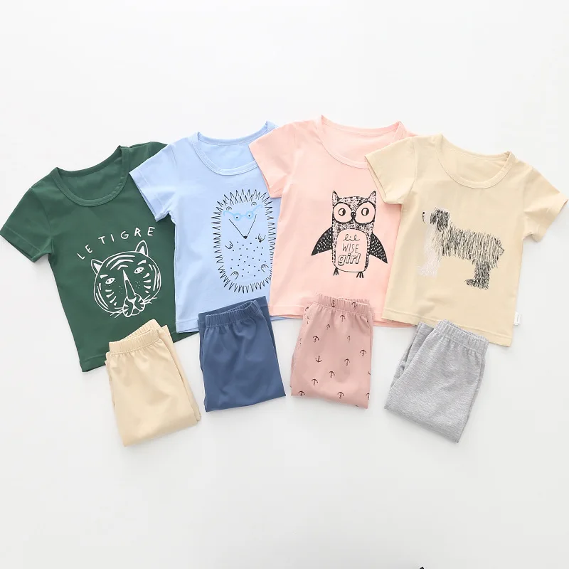 Летняя одежда для маленьких мальчиков и девочек с принтом животное мультяшная сова, рубашка+ шорты, комплект модной детской одежды, хлопковая одежда kdis 18M06