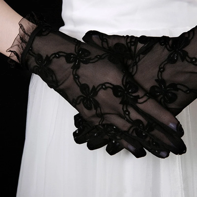 

1 Pair New Black Bowknot Pattern Female Sunscreen Anti-UV Lace Driving Gloves, Women's lace Gloves Mittens for Party Accessories
