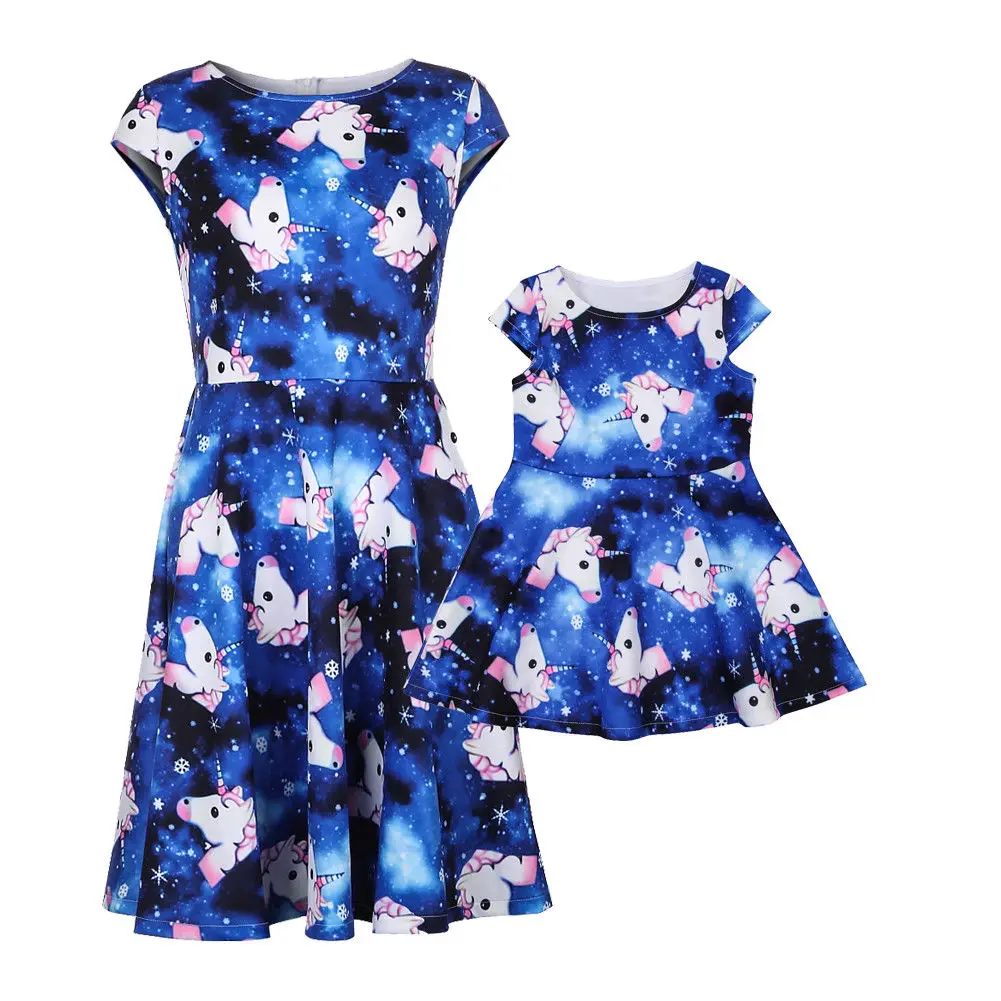 

Family Matching Outfits Mother Daughter Short Sleeve Unicorn Print Dress Women Girl Kid High Waist Pleated Summer Dress Sundress