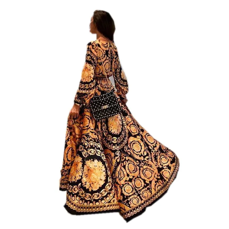 

New Hot Fashion Elegant Summer Dress Women Sexy Boat Neck Glitter Deep V Neck Print Party Dress High Street Long Dress Sexy Robe