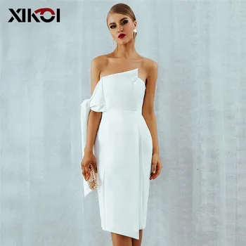 

XIKOI 2020 New Arrival Summer Casual White One Shoulder Elegant Button Tassels Club Dresses Celebrity Party Dress Women Vestidos