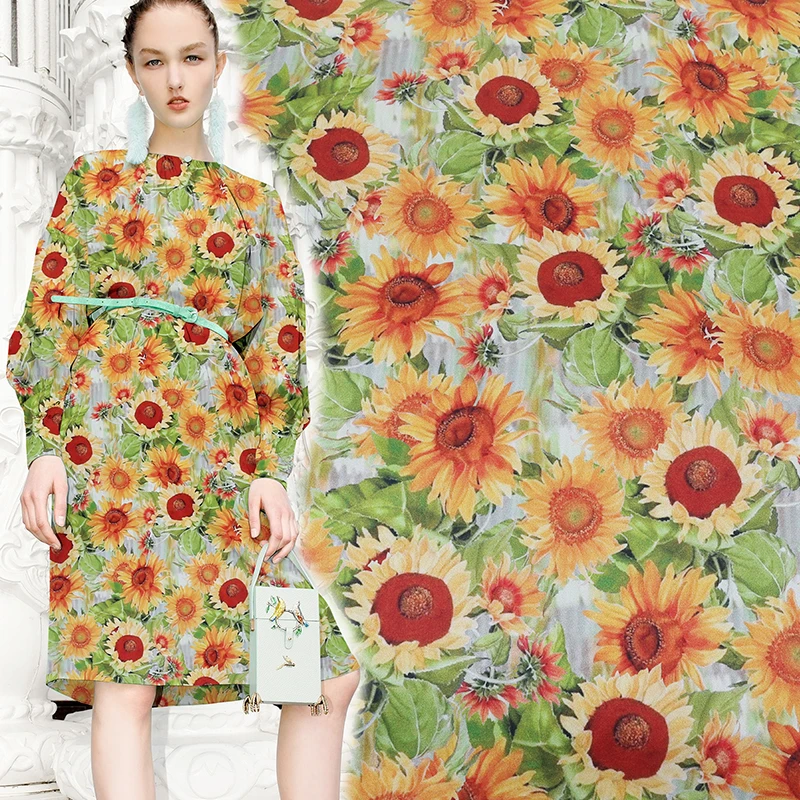 

Sunflower printed silk stretch satin fabric 19mm anti-wrinkle breathable cheongsam dress silk fabric wholesale silk cloth