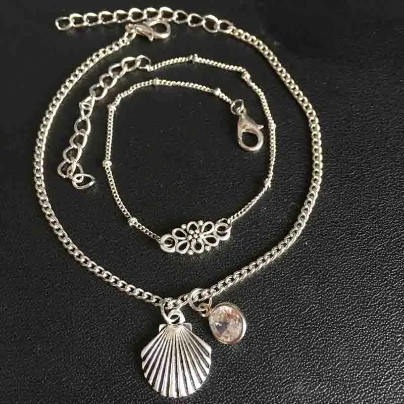 

European and American jewelry vintage ethnic style personality creative shell flower anklet geometric two-layer simple anklet