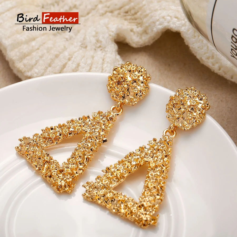 Large Gold Coloured Triangle Design Drop Earrings Fashion Jewellery